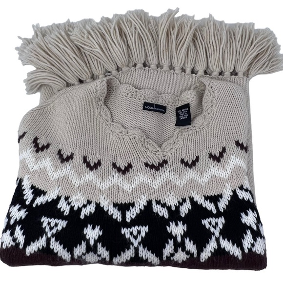 Moda Intl Wool Blend Fair Isle Poncho Shawl Wrap Fringes Size S Beige Black Boho - Picture 11 of 15